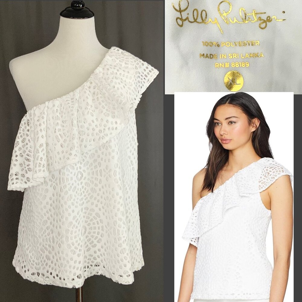 Lilly Pulitzer White Matteo One Shoulder Top Sea Urchin Terry Lace Sz XL - Picture 2 of 16